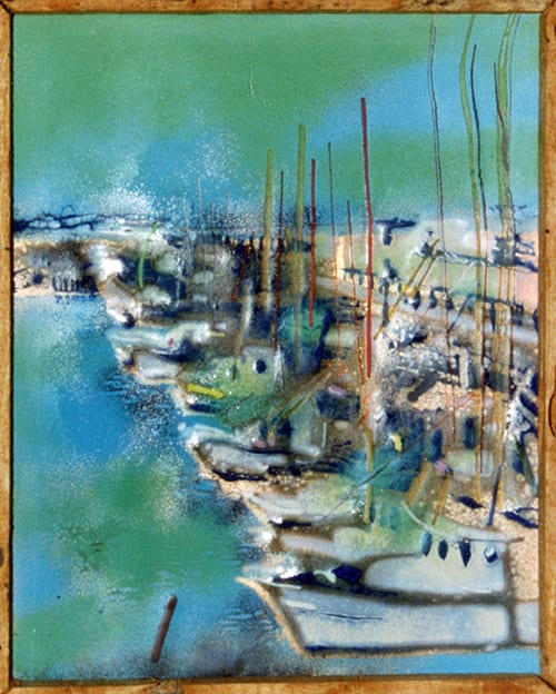 harbor scene created in enamel on copper